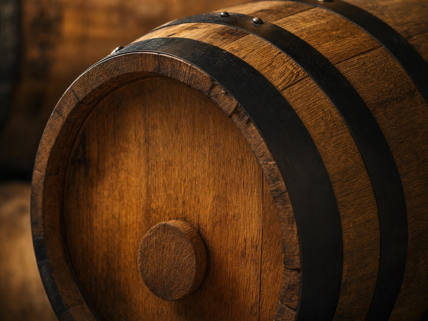 Oak whisky cask head with iron hoops