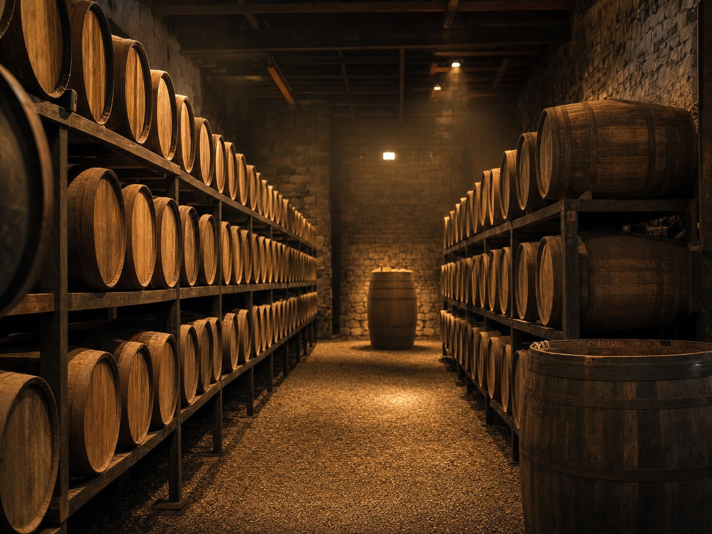 Rows of oak whisky casks in a bonded warehouse