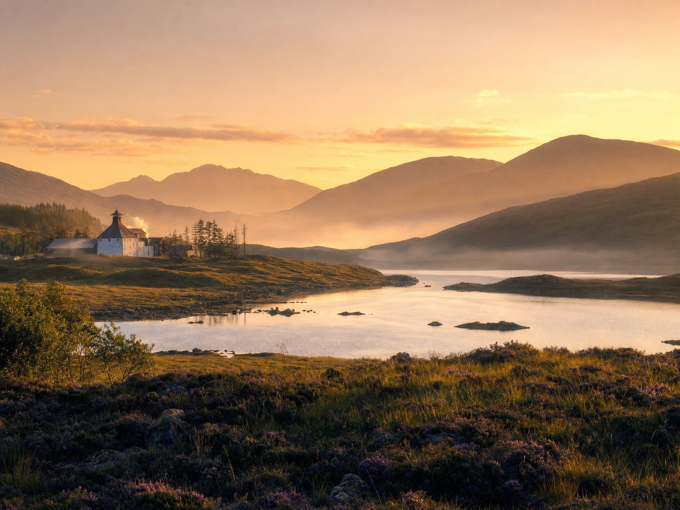 Scottish Highlands landscape with a distillery in the glen